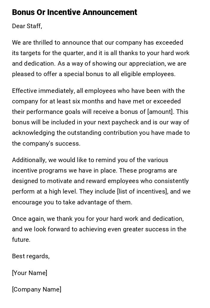 Bonus Or Incentive Announcement Bonus Or Incentive Announcement