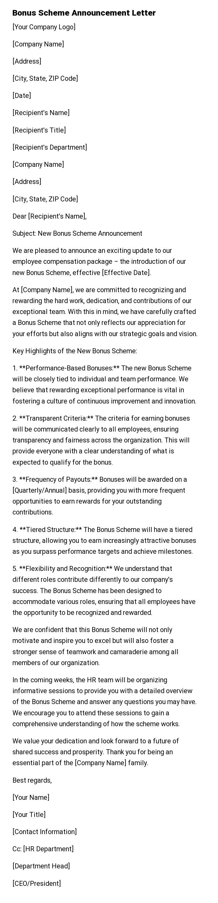 Bonus Scheme Announcement Letter
