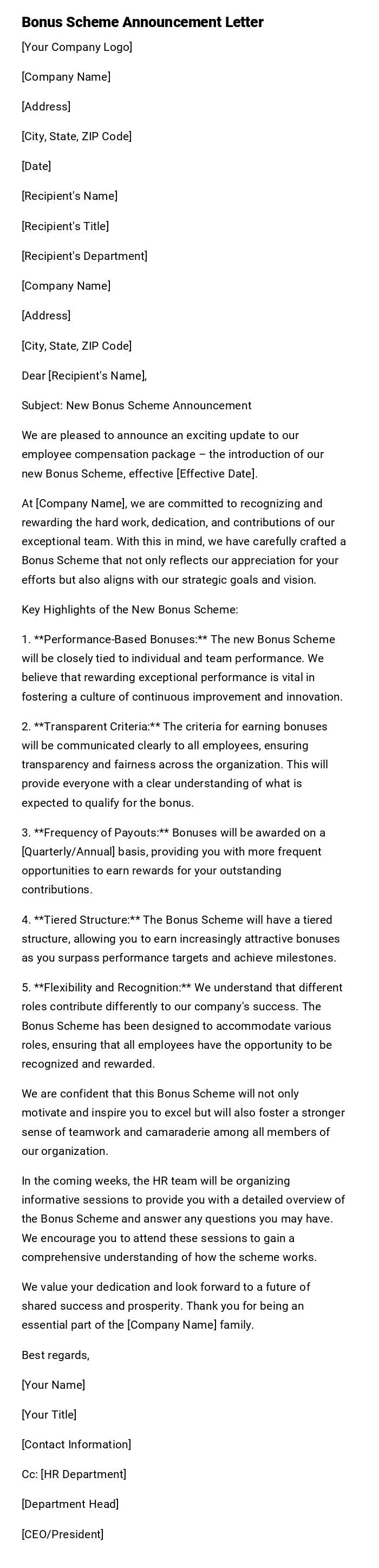 Bonus Scheme Announcement Letter