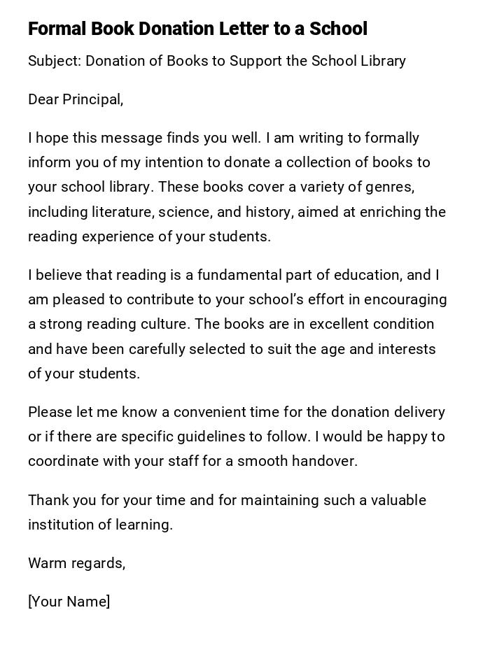 Formal Book Donation Letter to a School