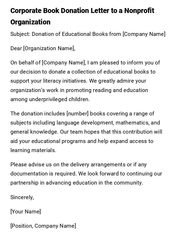 Corporate Book Donation Letter to a Nonprofit Organization