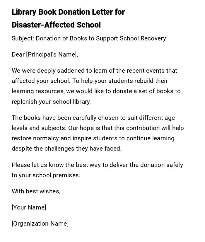 Library Book Donation Letter for Disaster-Affected School