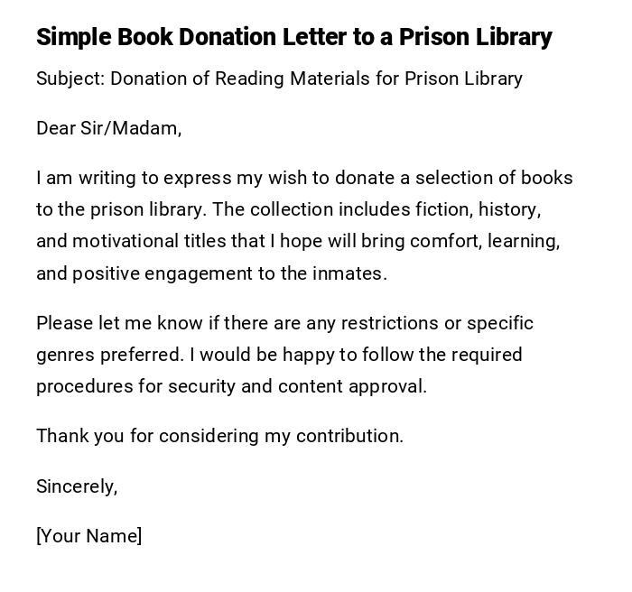 Simple Book Donation Letter to a Prison Library