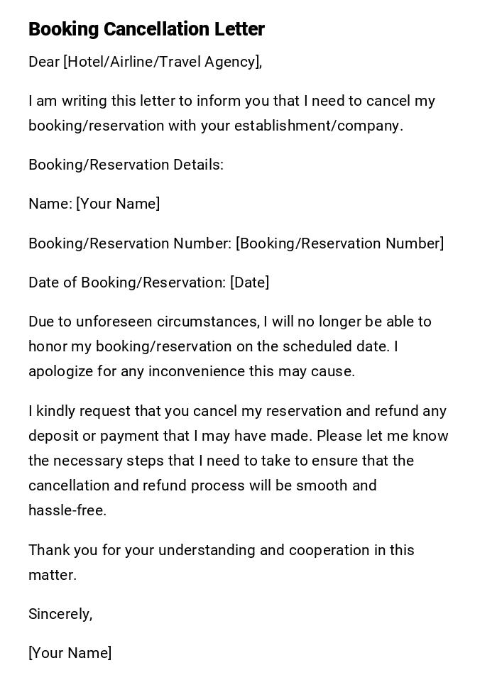 Booking Cancellation Letter