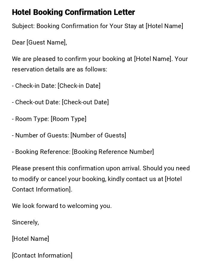 Hotel Booking Confirmation Letter