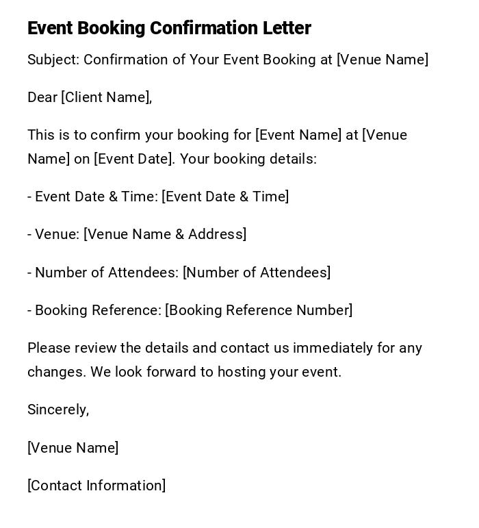 Event Booking Confirmation Letter