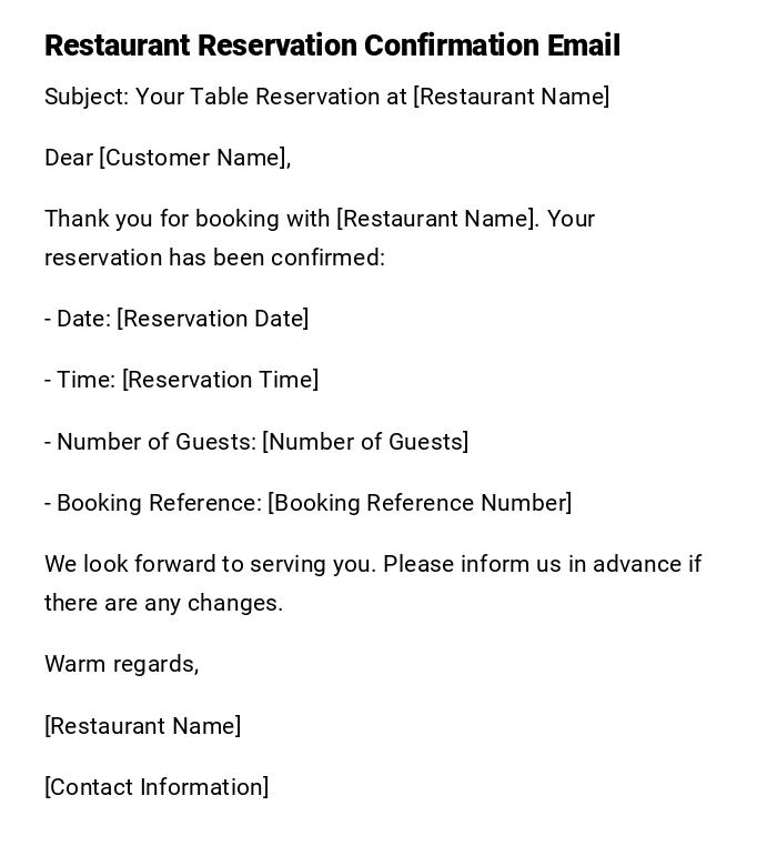 Restaurant Reservation Confirmation Email