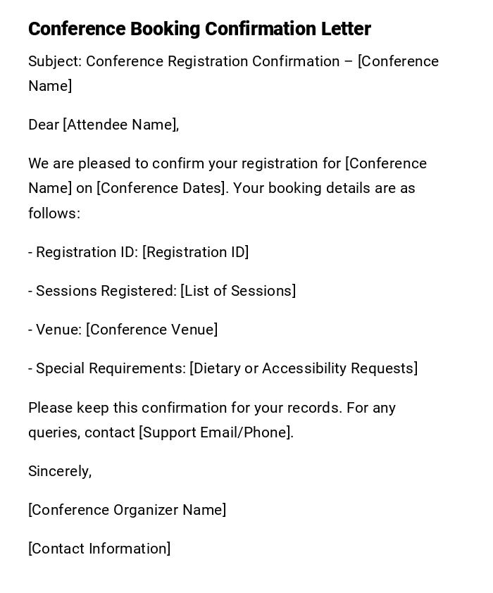 Conference Booking Confirmation Letter