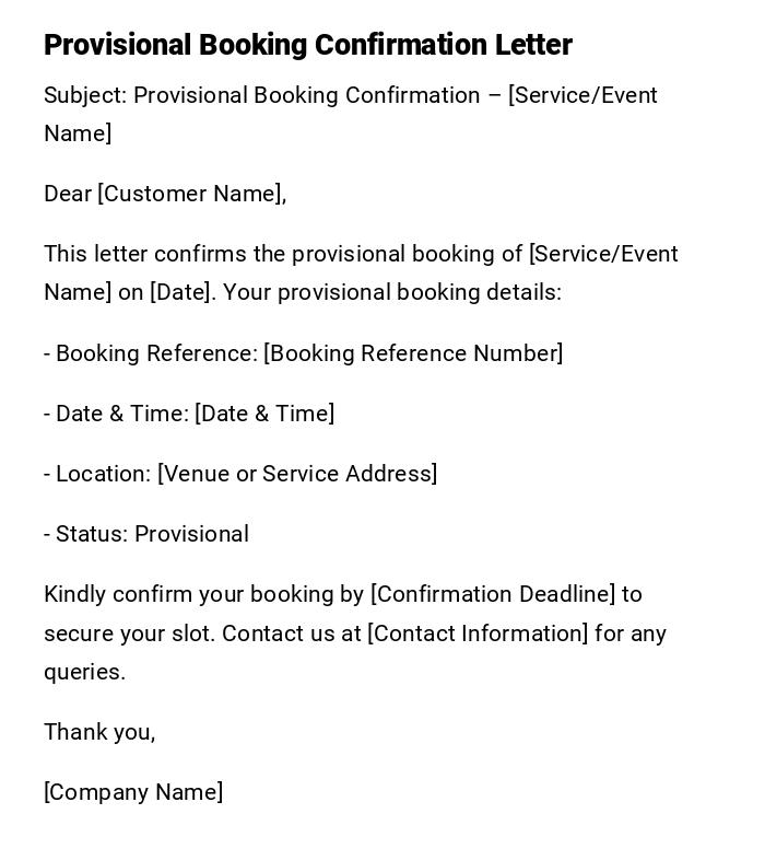 Provisional Booking Confirmation Letter