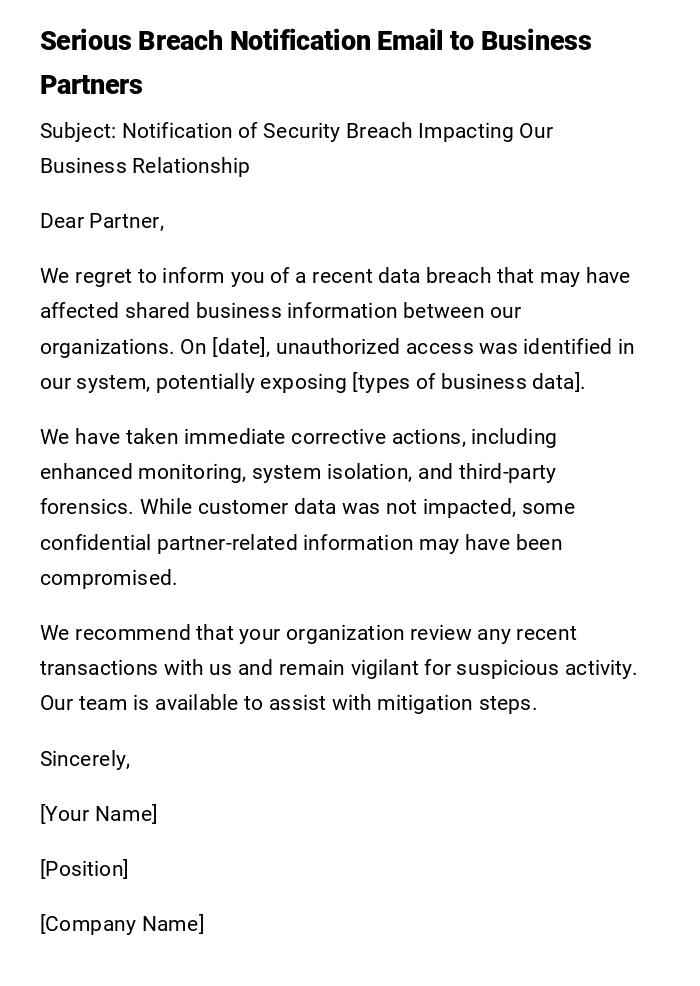Serious Breach Notification Email to Business Partners Serious Breach Notification Email to Business Partners