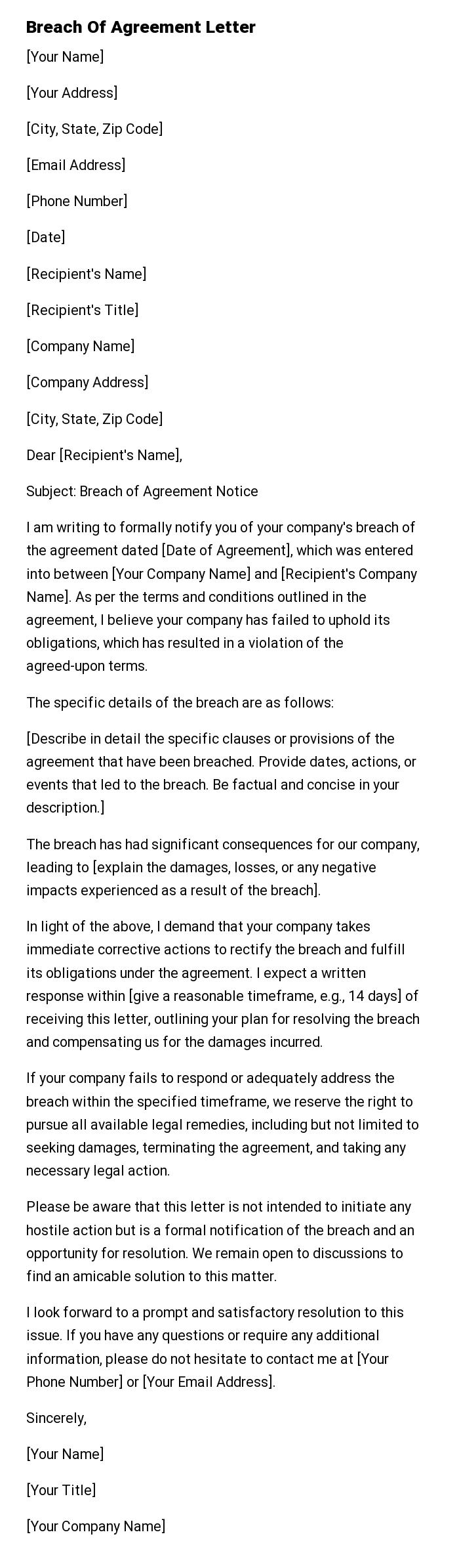 Breach Of Agreement Letter