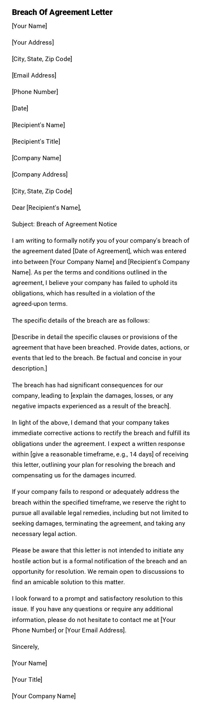 Breach Of Agreement Letter