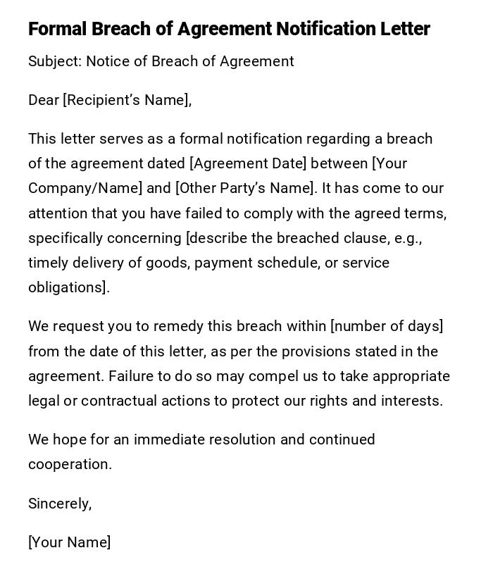 Formal Breach of Agreement Notification Letter Formal Breach of Agreement Notification Letter