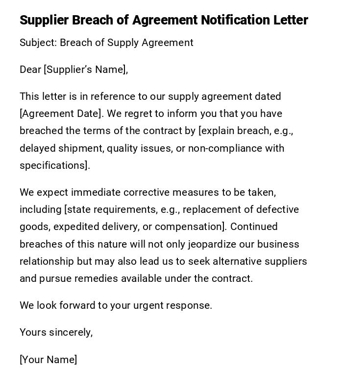 Supplier Breach of Agreement Notification Letter Supplier Breach of Agreement Notification Letter