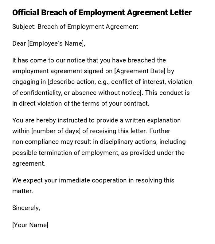 Official Breach of Employment Agreement Letter Official Breach of Employment Agreement Letter