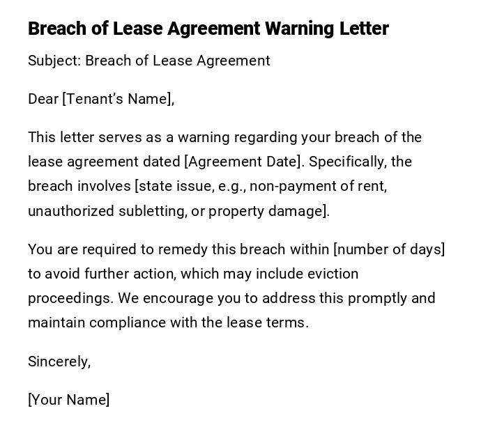 Breach of Lease Agreement Warning Letter Breach of Lease Agreement Warning Letter