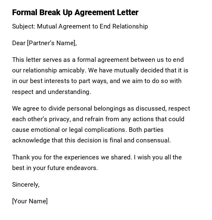 Formal Break Up Agreement Letter Formal Break Up Agreement Letter