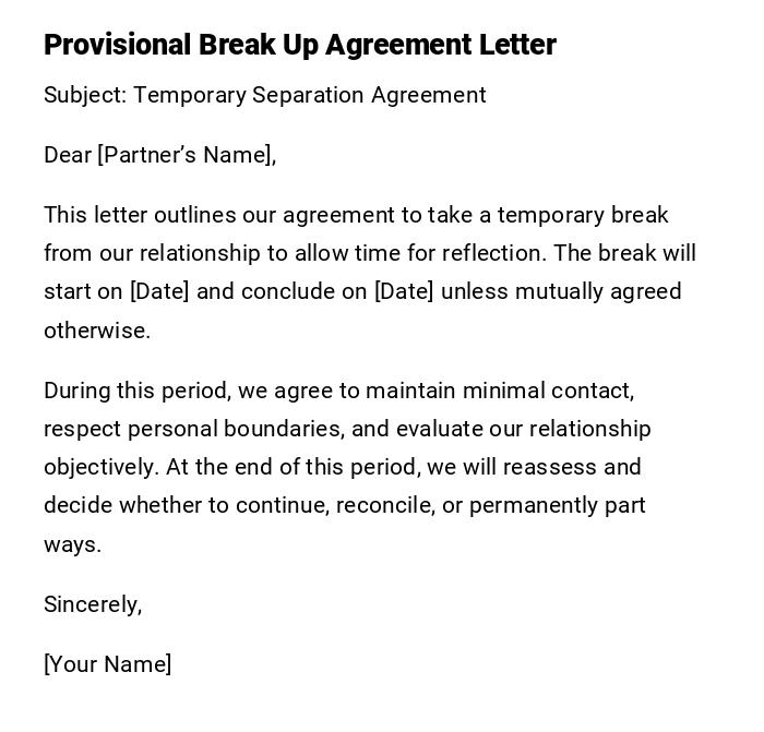 Provisional Break Up Agreement Letter Provisional Break Up Agreement Letter