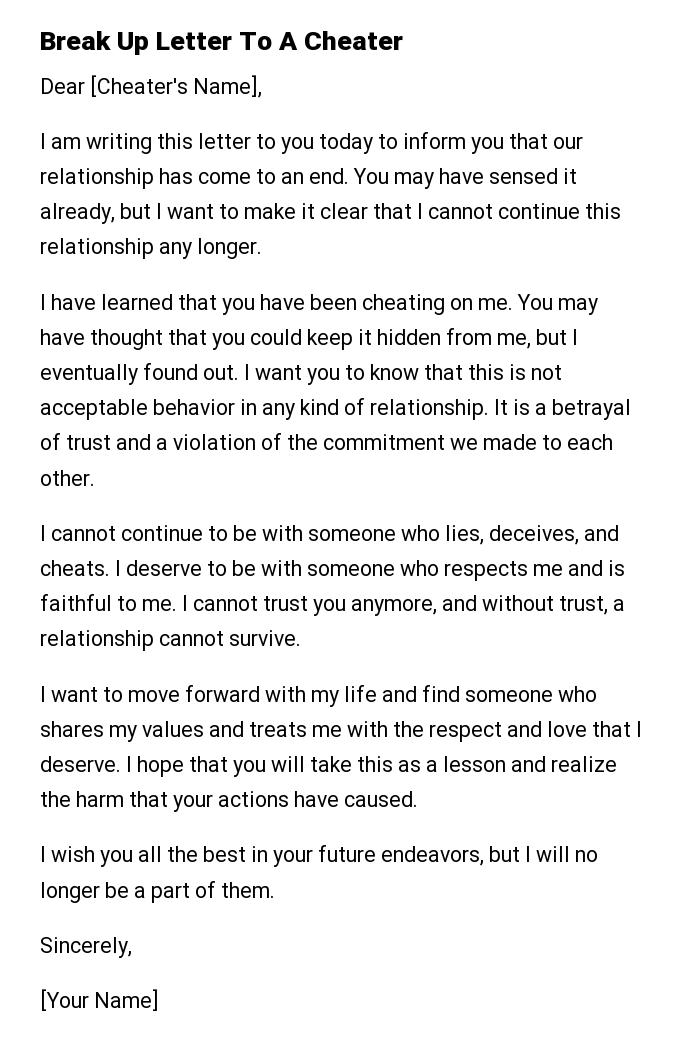 Break Up Letter To A Cheater