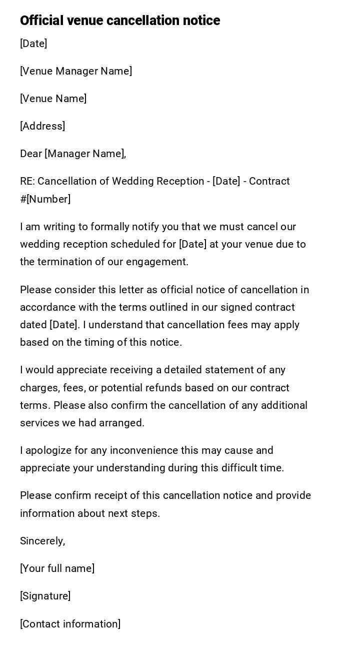 Official venue cancellation notice Official venue cancellation notice