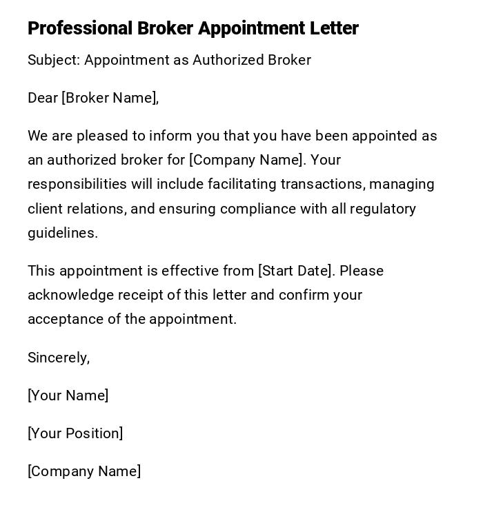 Professional Broker Appointment Letter Professional Broker Appointment Letter