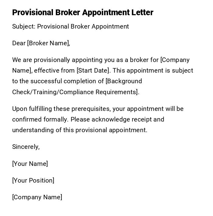 Provisional Broker Appointment Letter Provisional Broker Appointment Letter