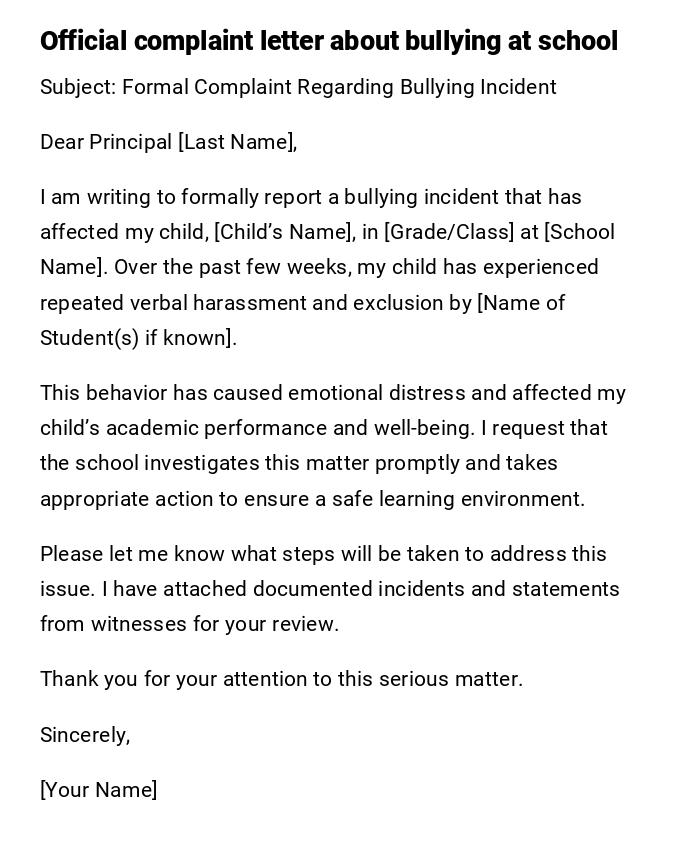 Official complaint letter about bullying at school Official complaint letter about bullying at school