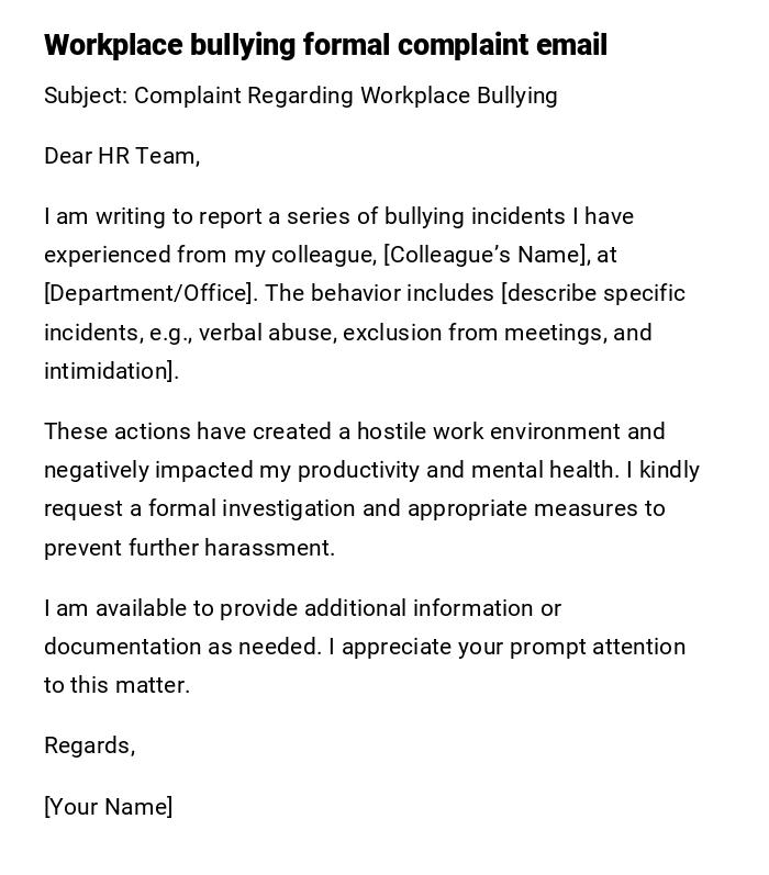Workplace bullying formal complaint email Workplace bullying formal complaint email