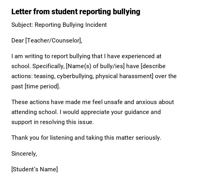 Letter from student reporting bullying Letter from student reporting bullying