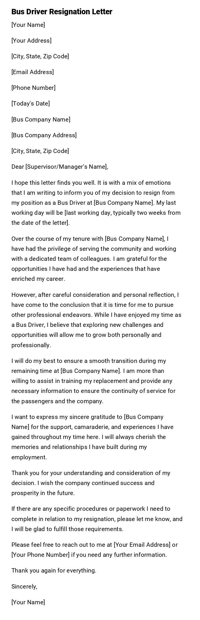 Bus Driver Resignation Letter