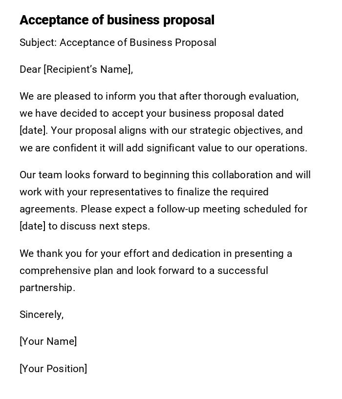 Acceptance of business proposal Acceptance of business proposal