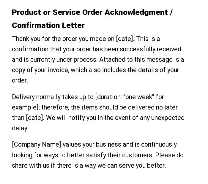 Product or Service Order Acknowledgment / Confirmation Letter