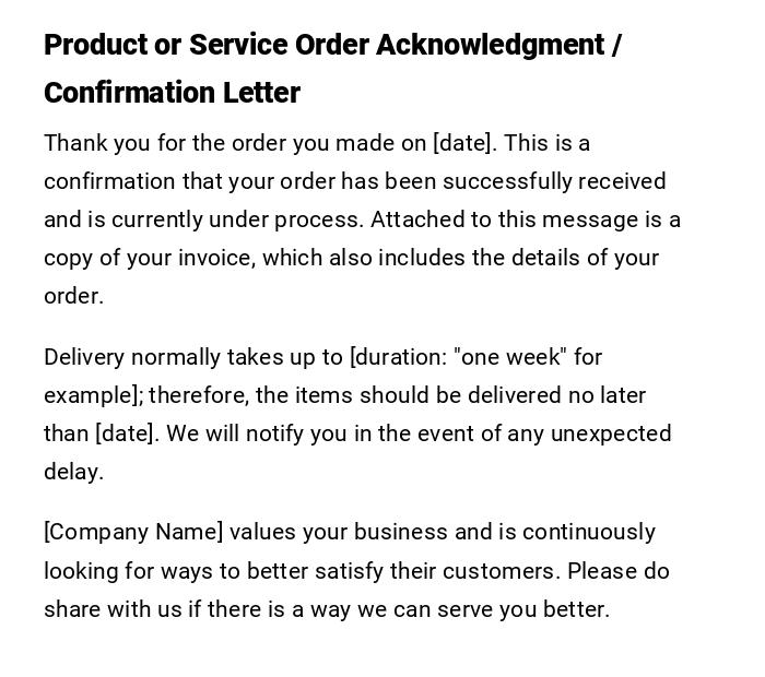 Product or Service Order Acknowledgment / Confirmation Letter