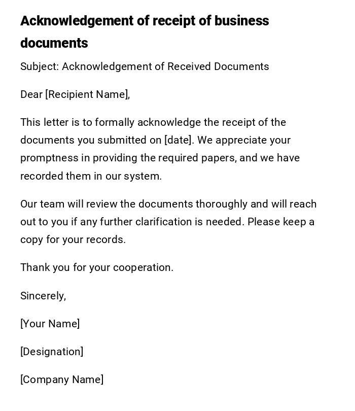 Acknowledgement of receipt of business documents