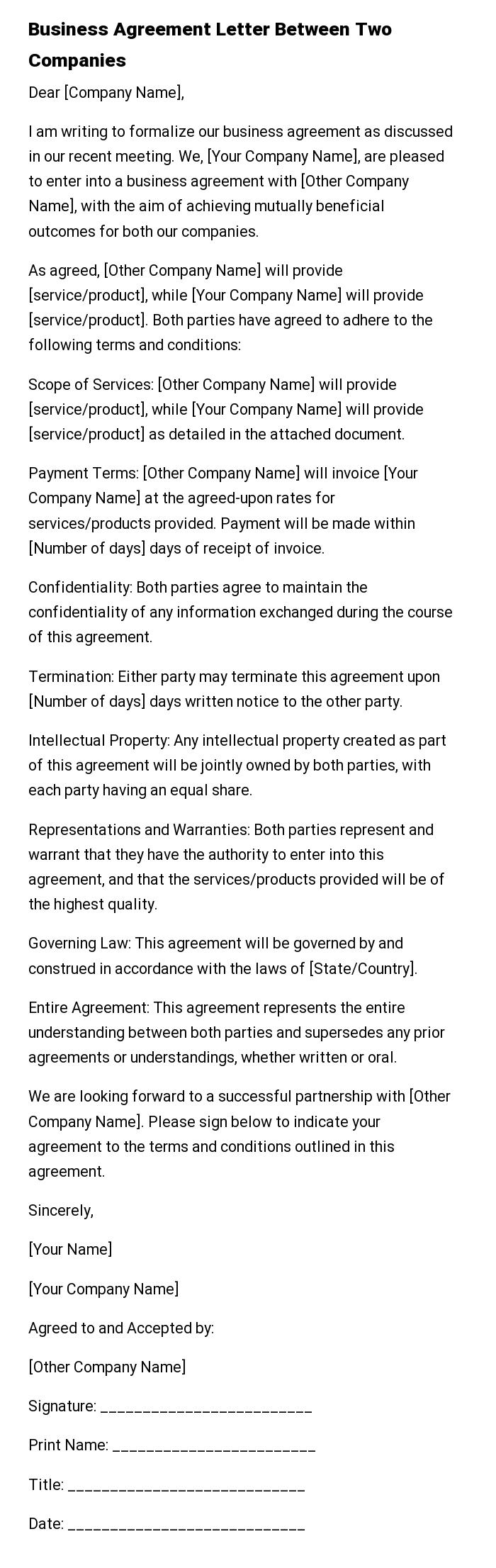 Business Agreement Letter Between Two Companies