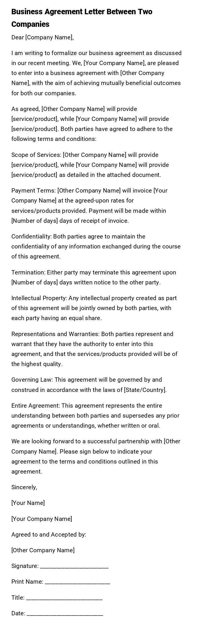 Business Agreement Letter Between Two Companies