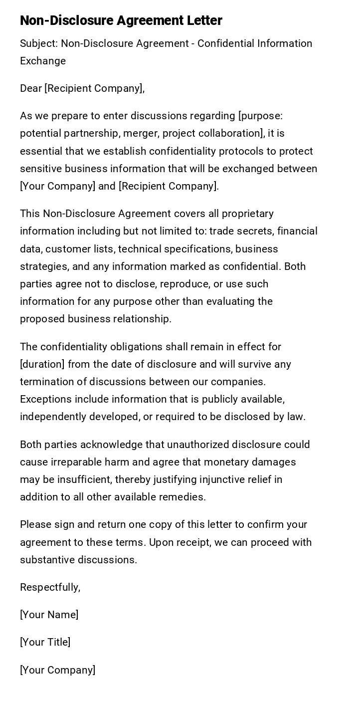 Non-Disclosure Agreement Letter