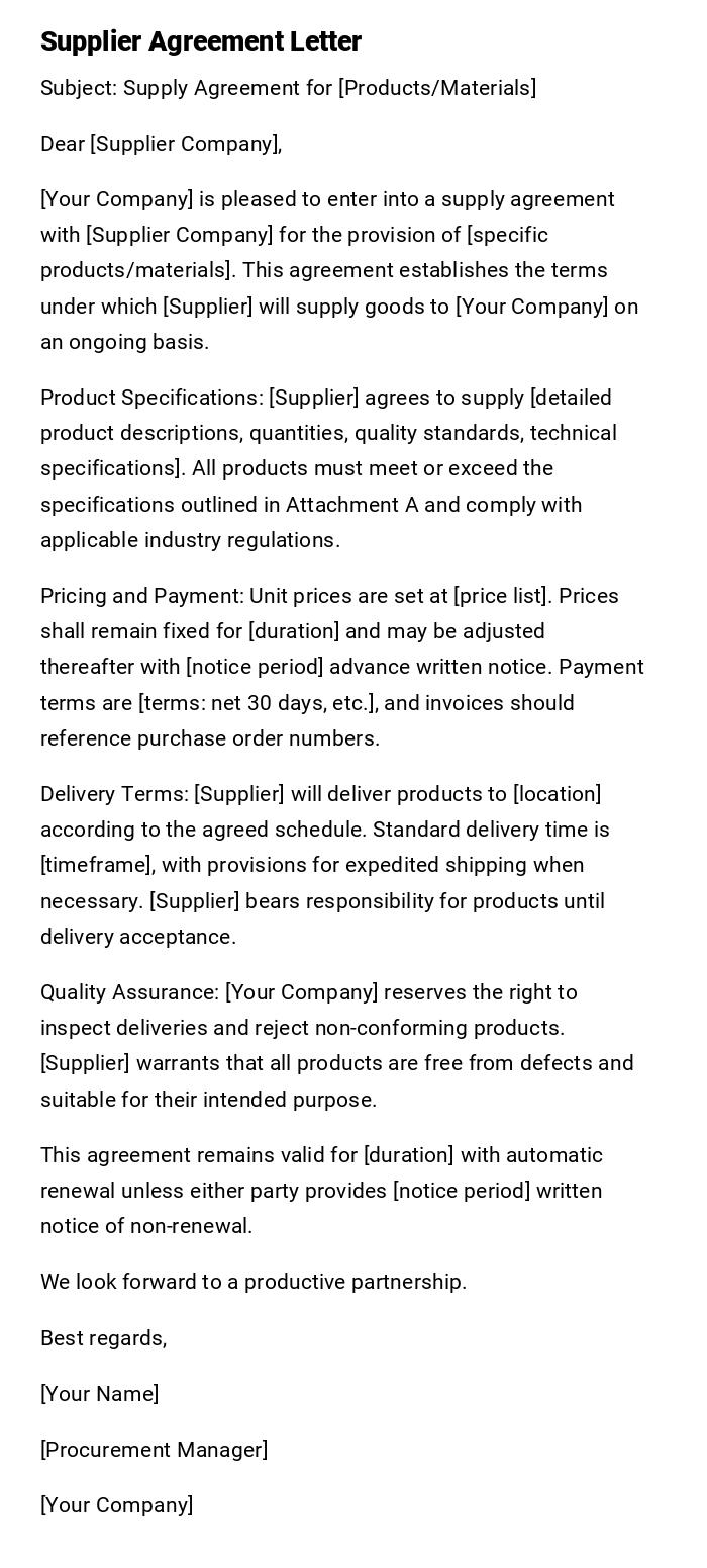 Supplier Agreement Letter