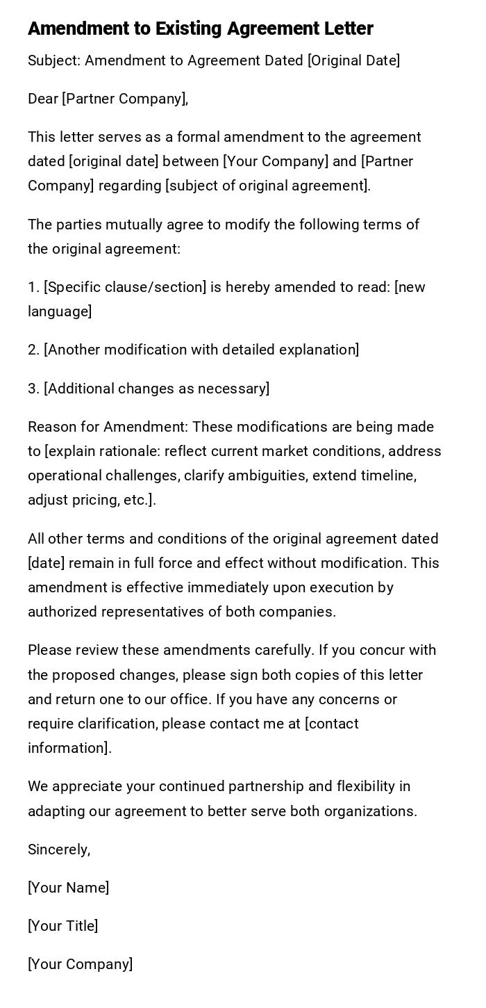 Amendment to Existing Agreement Letter
