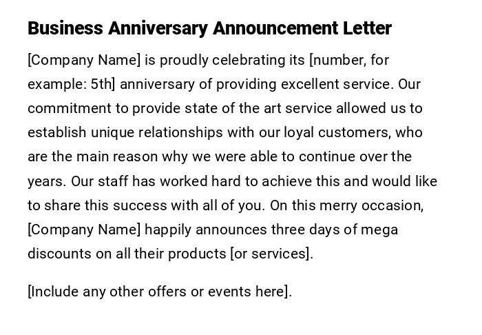 Business Anniversary Announcement Letter