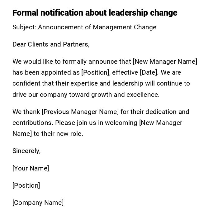 Formal notification about leadership change