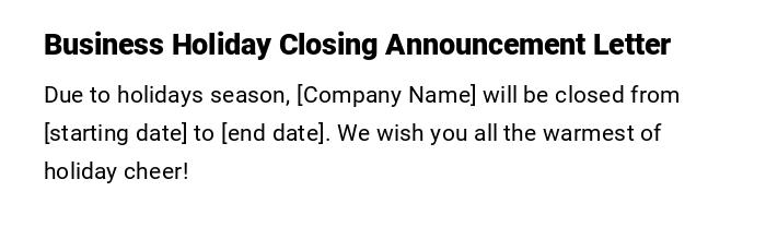 Business Holiday Closing Announcement Letter