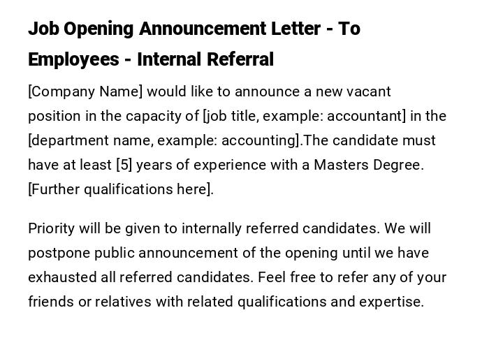 Job Opening Announcement Letter - To Employees - Internal Referral