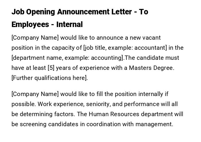 Job Opening Announcement Letter - To Employees - Internal