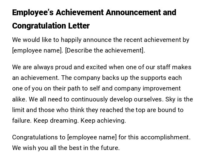 Employee’s Achievement Announcement and Congratulation Letter
