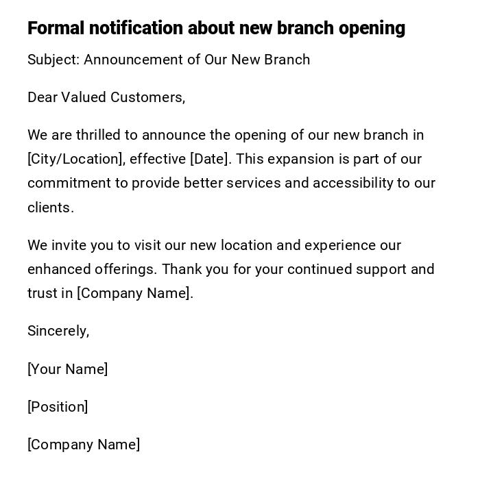 Formal notification about new branch opening