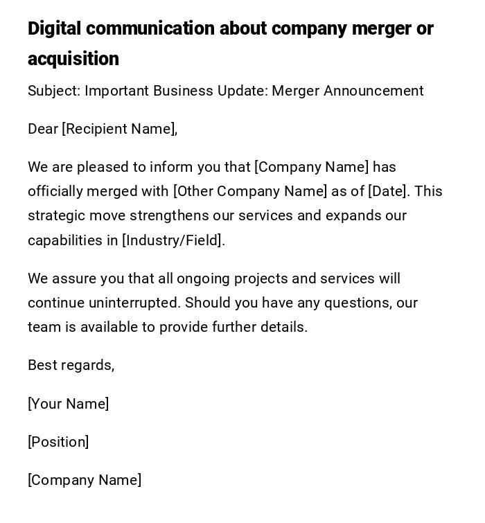 Digital communication about company merger or acquisition