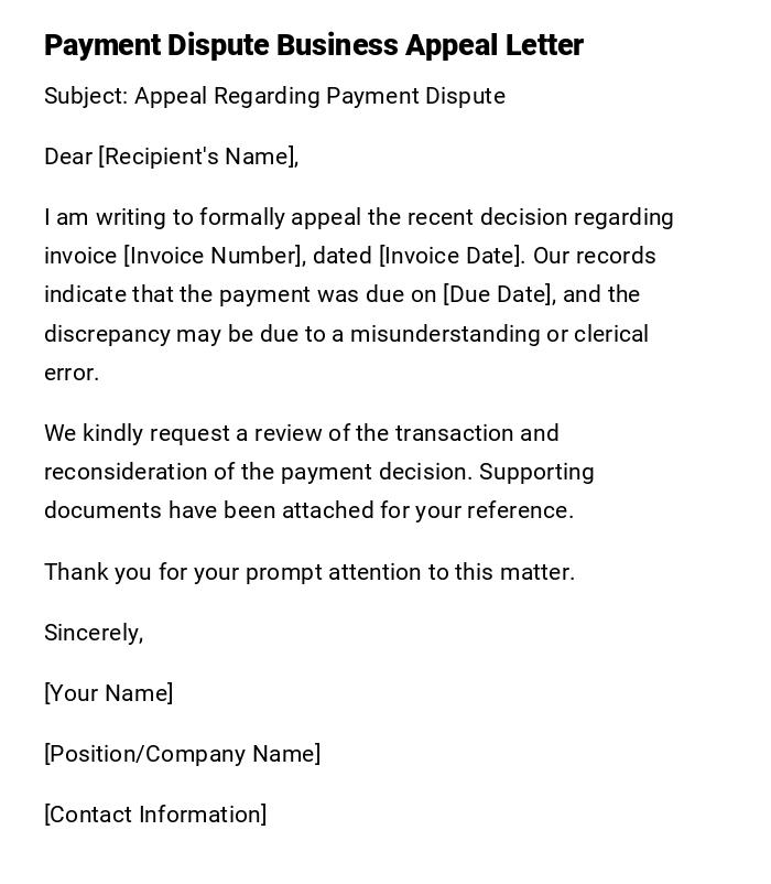 Payment Dispute Business Appeal Letter Payment Dispute Business Appeal Letter