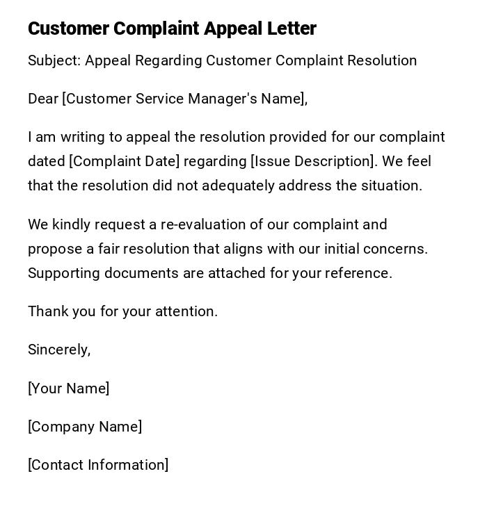 Customer Complaint Appeal Letter Customer Complaint Appeal Letter