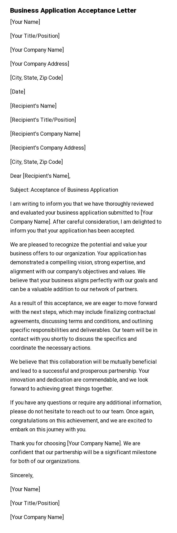 Business Application Acceptance Letter